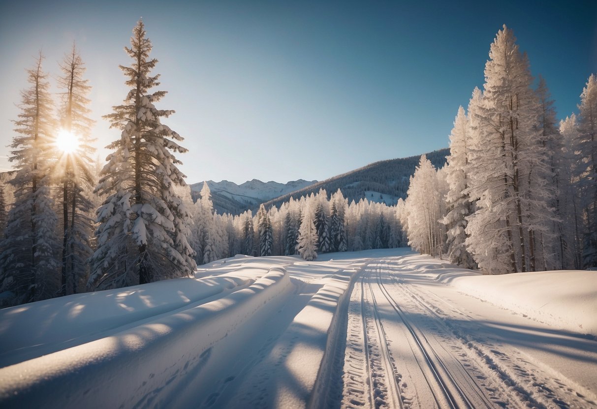 A serene snow-covered landscape with gently rolling hills and tall aspen trees lining the trails, creating a peaceful and inviting atmosphere for beginners to enjoy cross country skiing