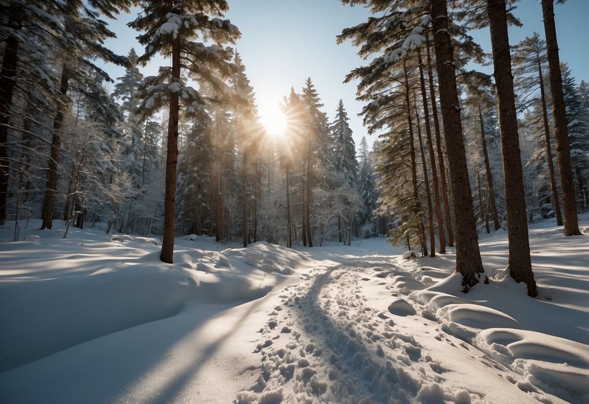 Snow-covered trails wind through the peaceful forest of Bretton Woods, with gentle slopes perfect for beginners. The sun shines through the tall trees, casting a warm glow on the pristine white landscape