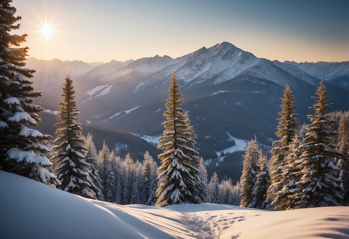 A serene snow-covered landscape with gentle slopes and winding trails, surrounded by tall pine trees and distant mountain peaks