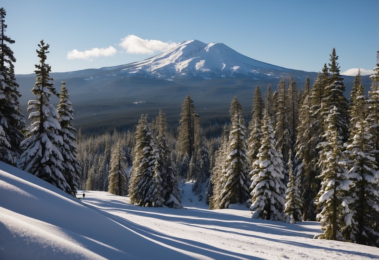 Snow-covered Mt. Bachelor rises against a clear blue sky, with winding cross-country ski trails leading through the pristine wilderness of Oregon