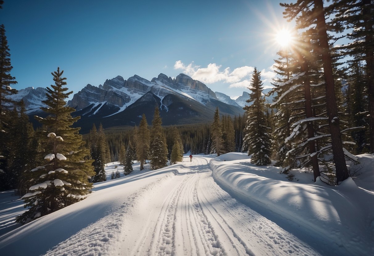 Snow-covered trails wind through pine forests in Canmore, Alberta. Beginner cross country skiers glide past majestic mountains under a clear blue sky