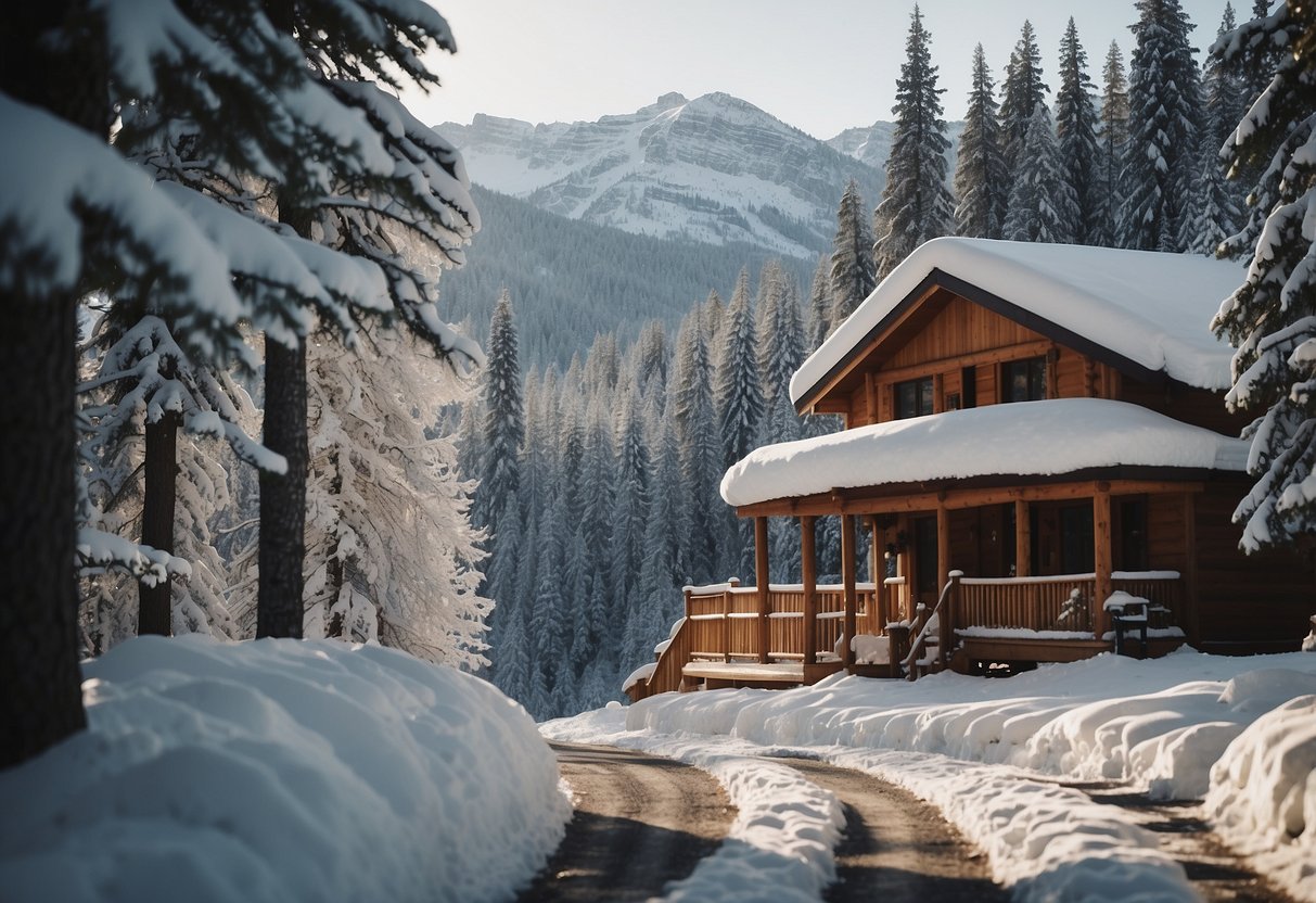 A snowy mountain landscape with a clear trail winding through the trees, leading to a cozy lodge. Ski gear is neatly arranged outside