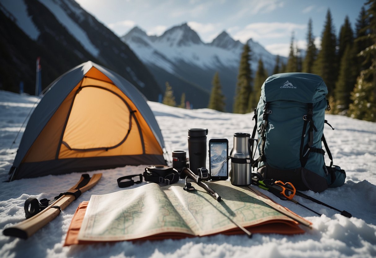 Skis, poles, and backpack laid out on a map, compass, and GPS. A cozy tent pitched in a snowy clearing, with a campfire and hot drinks. Snow-capped mountains in the distance