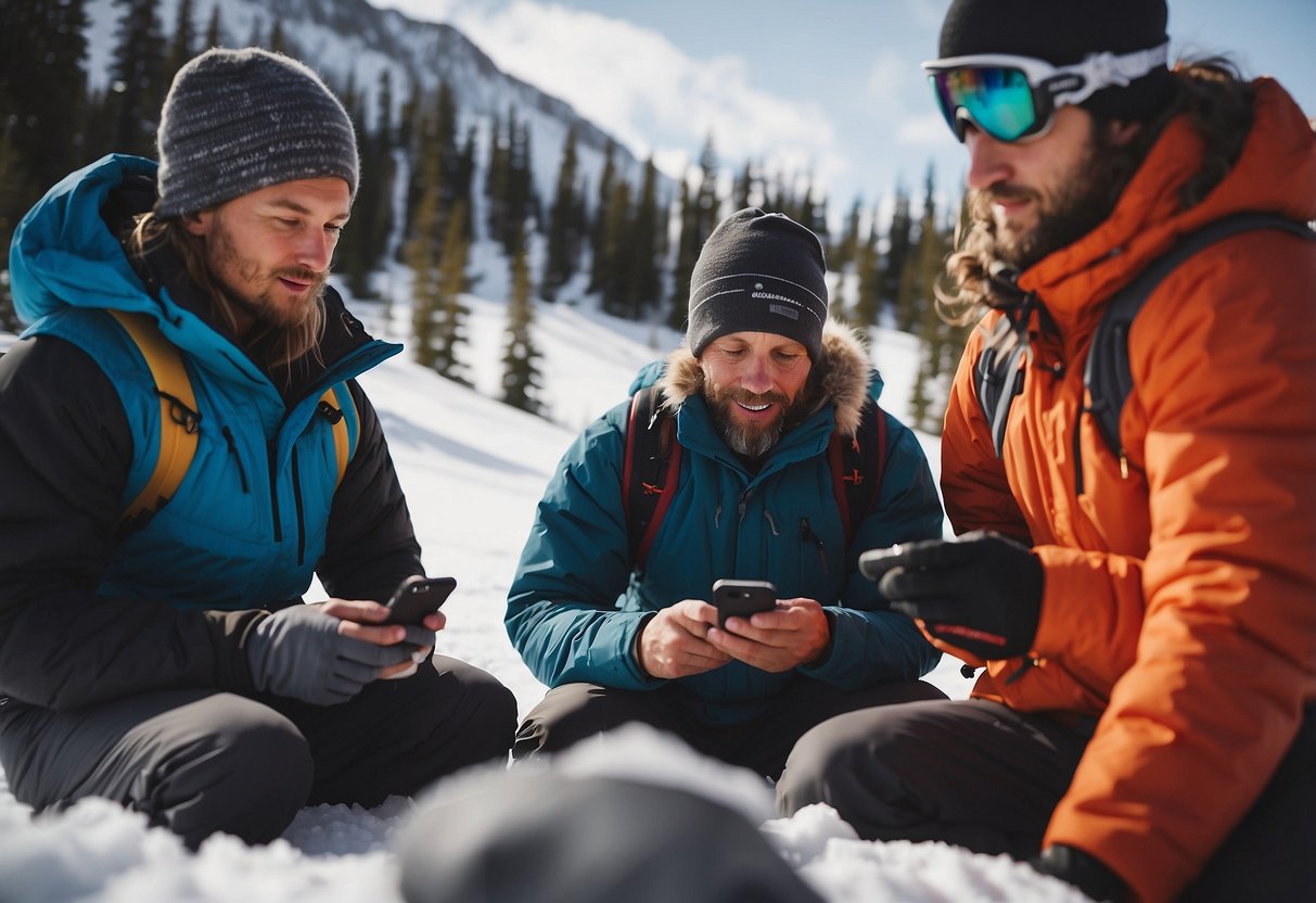 A group of skiers check weather forecasts on their phones while planning a multi-day cross country skiing trip. Maps, ski gear, and a cozy cabin are visible in the background