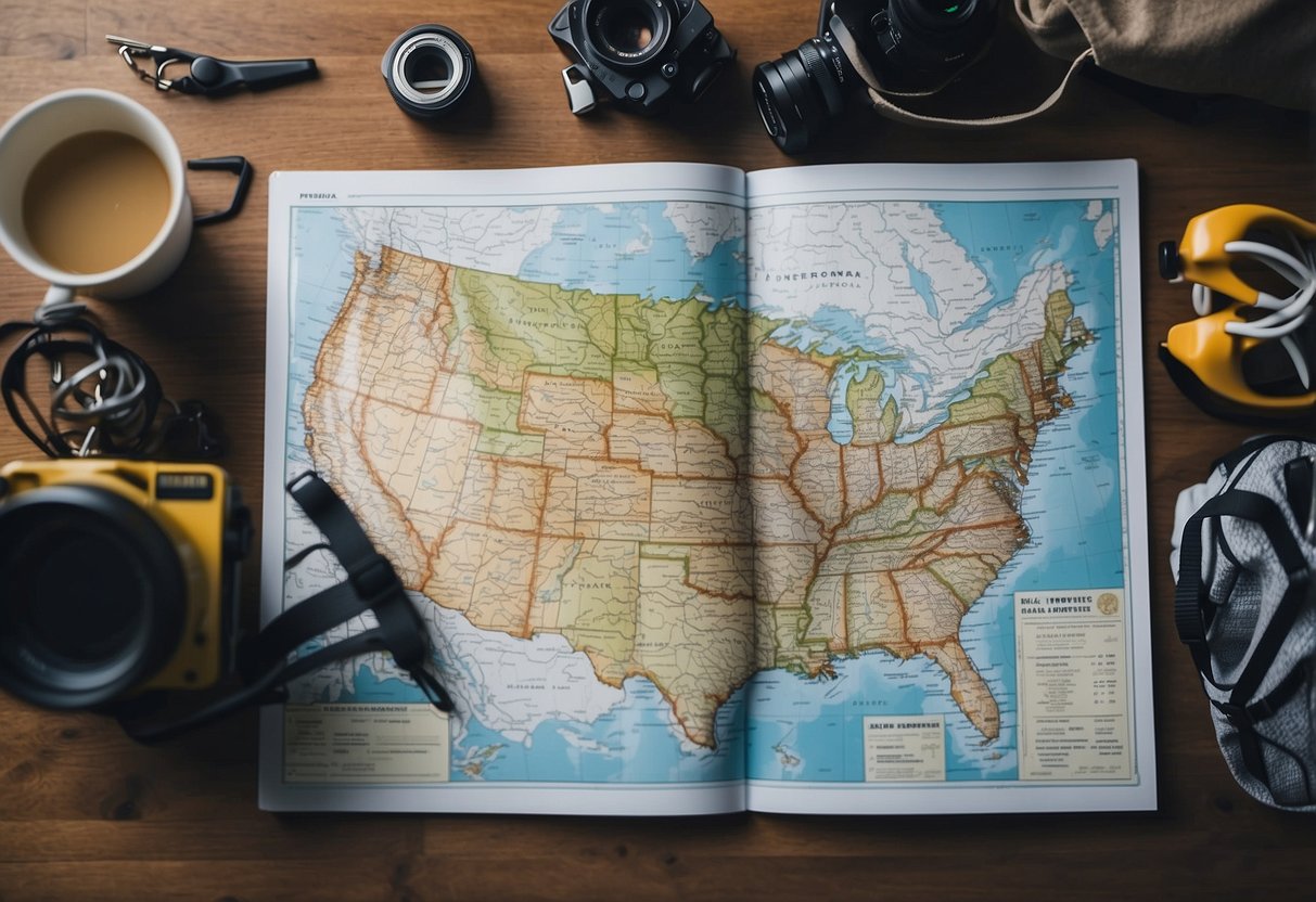 A map spread out on a table, surrounded by ski equipment and supplies. A planner with notes and trail information. Snowy mountains in the background