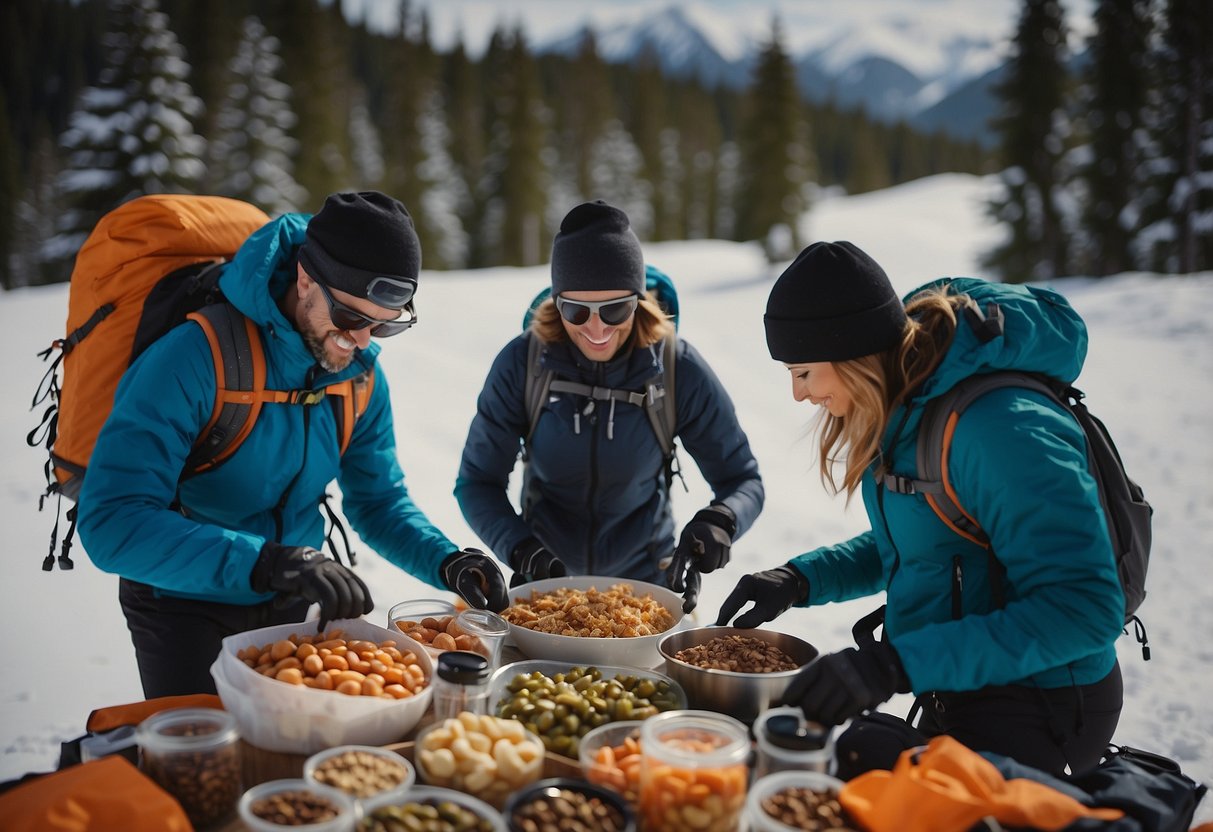 A group of skiers carefully packing a variety of high-energy foods into their backpacks, including nuts, dried fruits, energy bars, and dehydrated meals