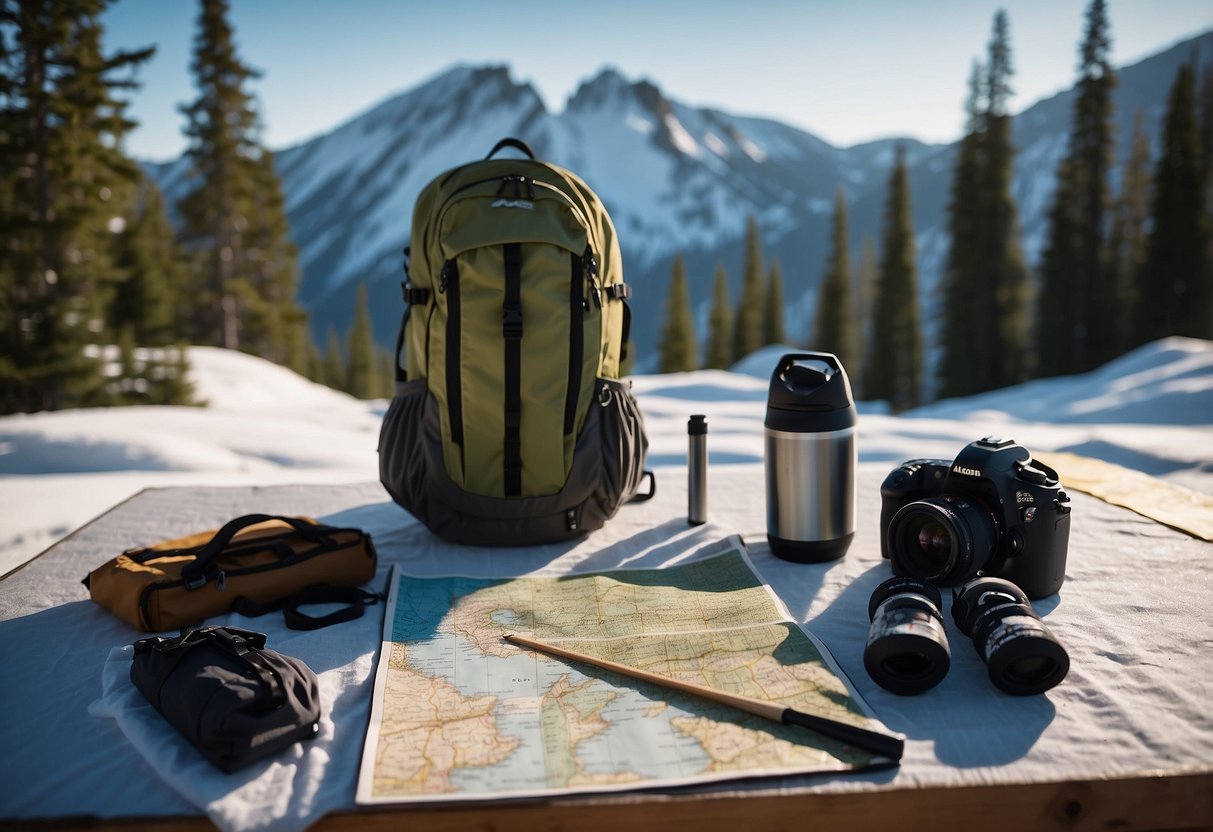 A snowy mountain landscape with skis, poles, and a map laid out on a table. A backpack is packed with supplies, and a tent is set up in the background