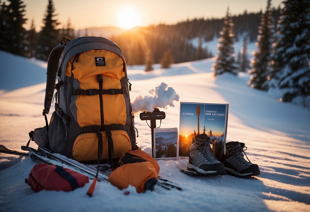 A backpack filled with emergency supplies sits next to cross country skis and a map in a snowy landscape. The sun is setting, casting a warm glow over the scene