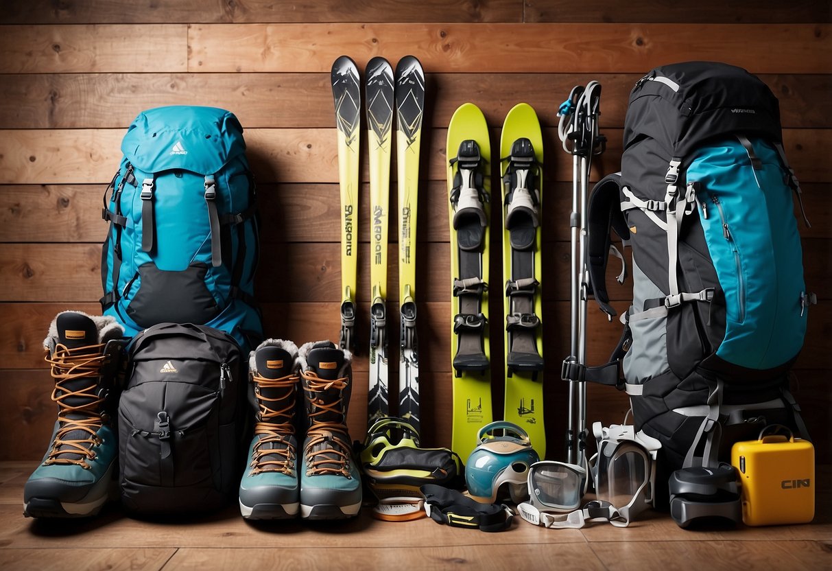 A pile of ski gear laid out on a wooden floor, including skis, poles, boots, backpack, map, compass, and energy bars