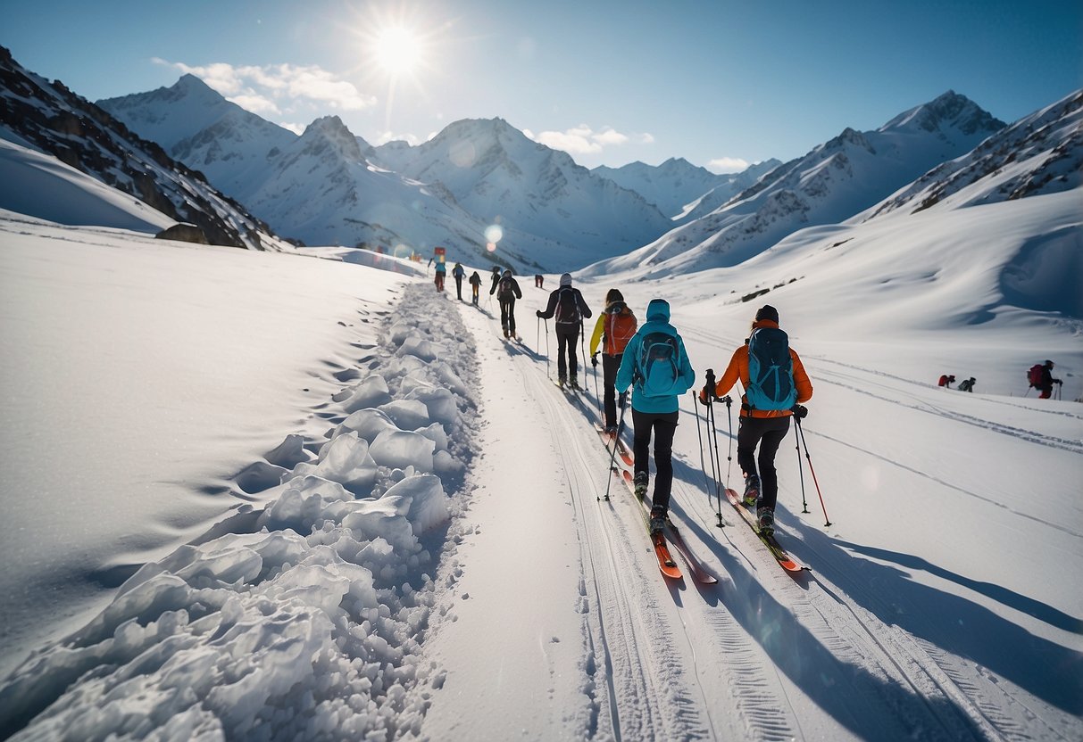 A snowy mountain landscape with a winding trail, a group of skiers carrying water bottles and hydration packs, and signs with tips for staying hydrated during a multi-day cross country skiing trip