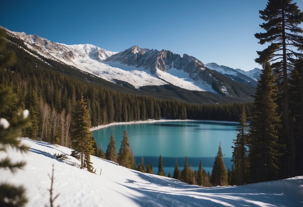 A snow-covered mountain range with winding ski trails and clear blue skies, surrounded by pine trees and a frozen lake