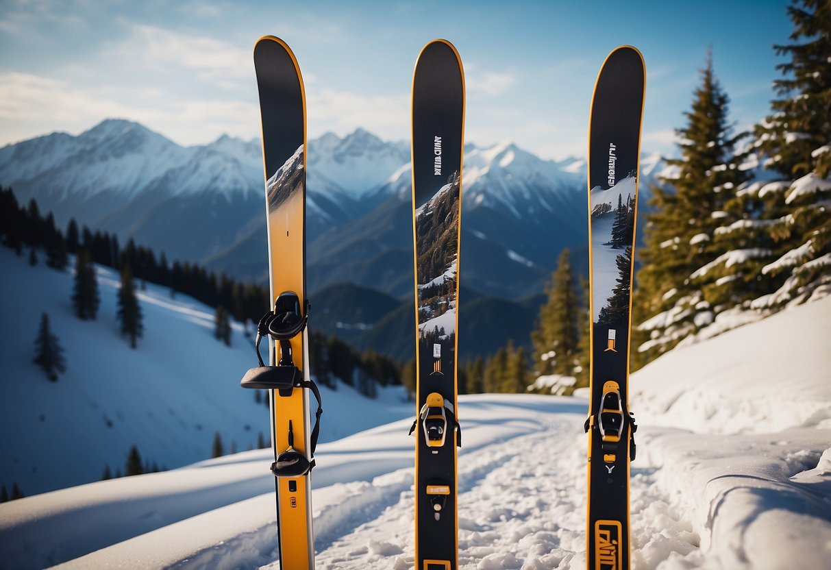 A snowy landscape with a trail winding through a forest. A pair of beginner cross country skis propped up against a tree, with snow-capped mountains in the background