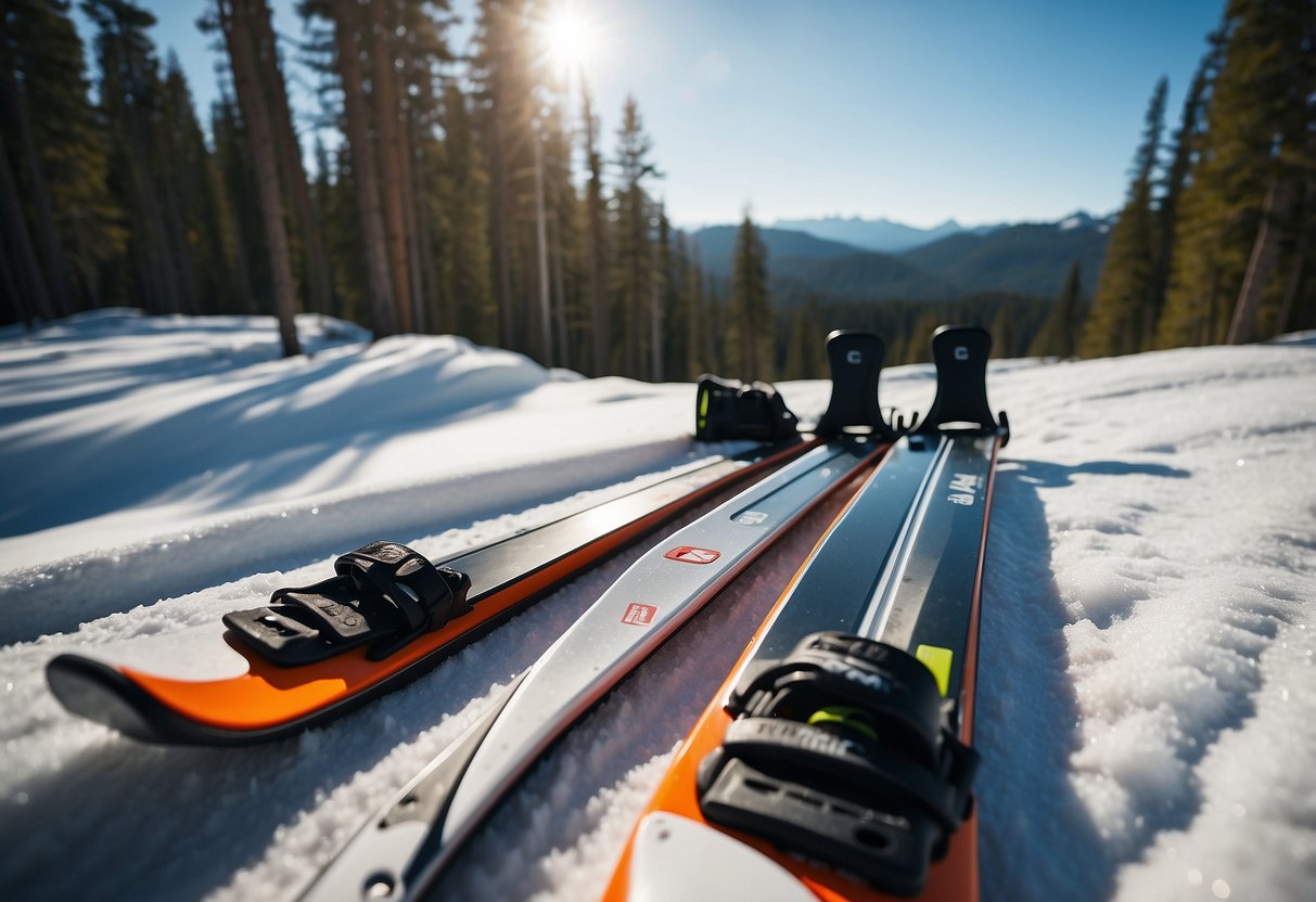 A pair of Salomon Escape 64 Outpath 5 cross country skis on a snowy trail, surrounded by pine trees and a clear blue sky