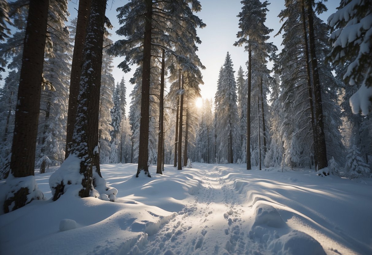 A snowy forest trail with a pair of Madshus Eon 62 cross country skis gliding smoothly over the fresh powder, surrounded by tall trees and a serene winter landscape