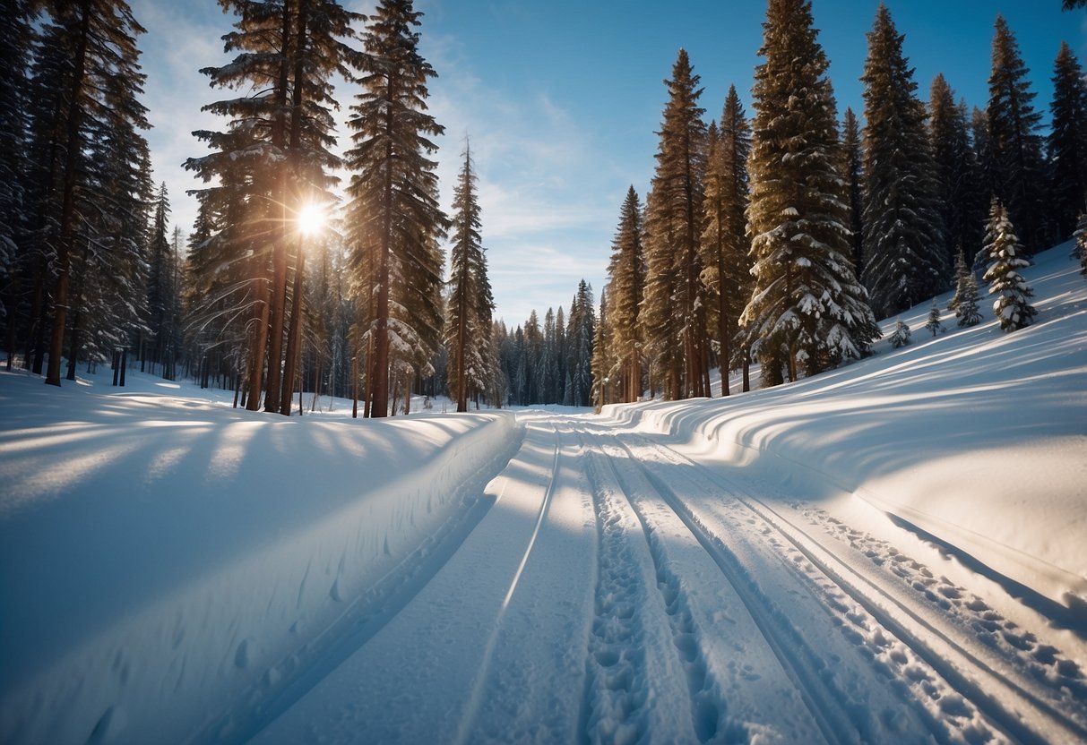 A snowy forest trail with skis gliding smoothly over fresh tracks, surrounded by tall trees and a clear blue sky