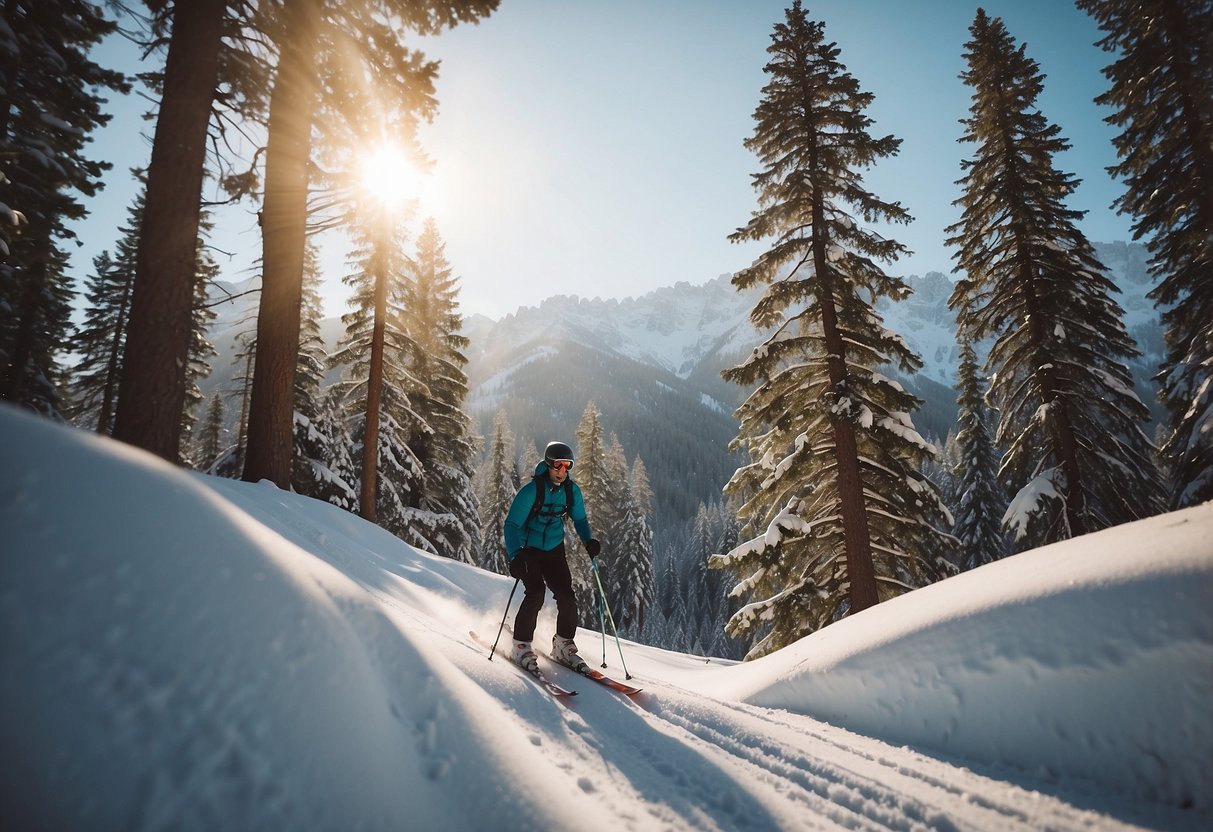 A skier glides through a snowy forest, with tall pines and snow-capped mountains in the background. The sun glistens off the pristine white snow, creating a serene and picturesque winter scene