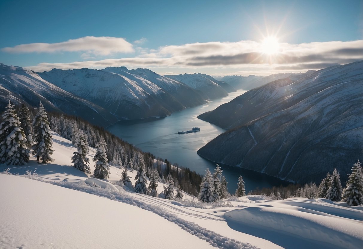 Snow-covered Norwegian Fjords, with winding cross-country ski trails cutting through the majestic landscape