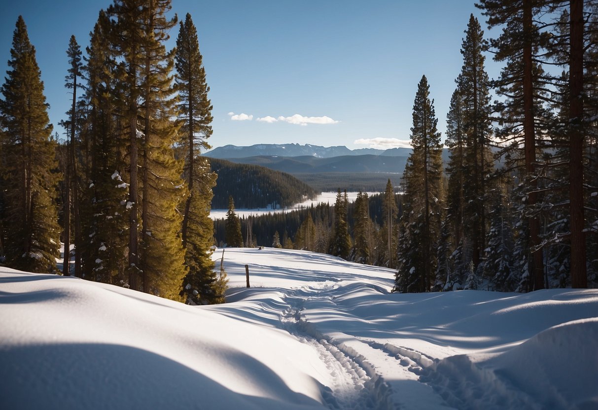 Snow-covered landscape in Yellowstone Park, USA. Pine trees line the cross country skiing routes, with mountains in the distance