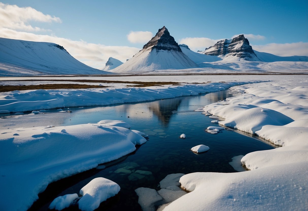 Snow-covered Troll Peninsula, Iceland. Rolling hills and jagged peaks create a picturesque backdrop for cross-country skiing routes. Crisp blue skies and untouched white landscapes provide a stunning setting for outdoor adventure