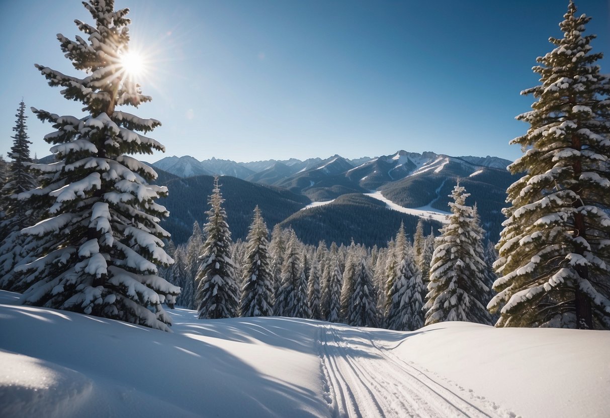 A snowy mountain landscape with a winding cross-country ski trail leading through pine trees and over rolling hills, with a clear blue sky above