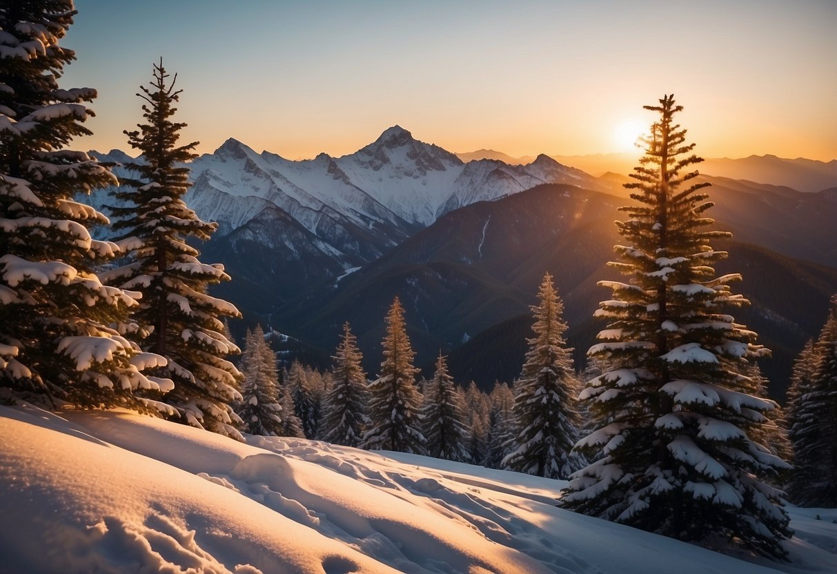 A snowy mountain landscape with winding trails, surrounded by tall pine trees and distant peaks. The sun is setting, casting a warm glow over the serene scene