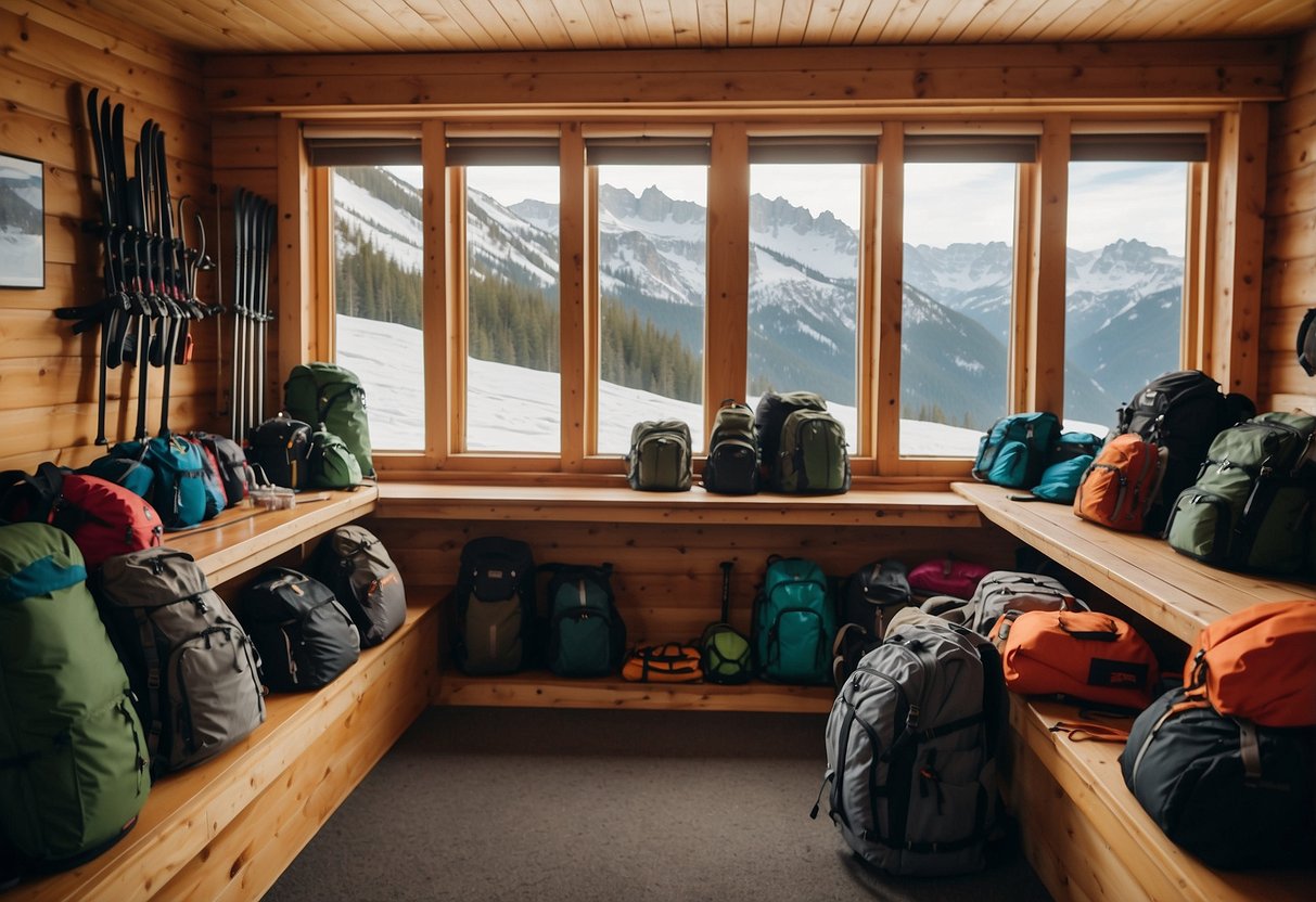 A snowy mountain cabin with ski gear neatly packed into duffel bags and backpacks. Skis and poles lean against the wall, while maps and trail guides are spread out on a table