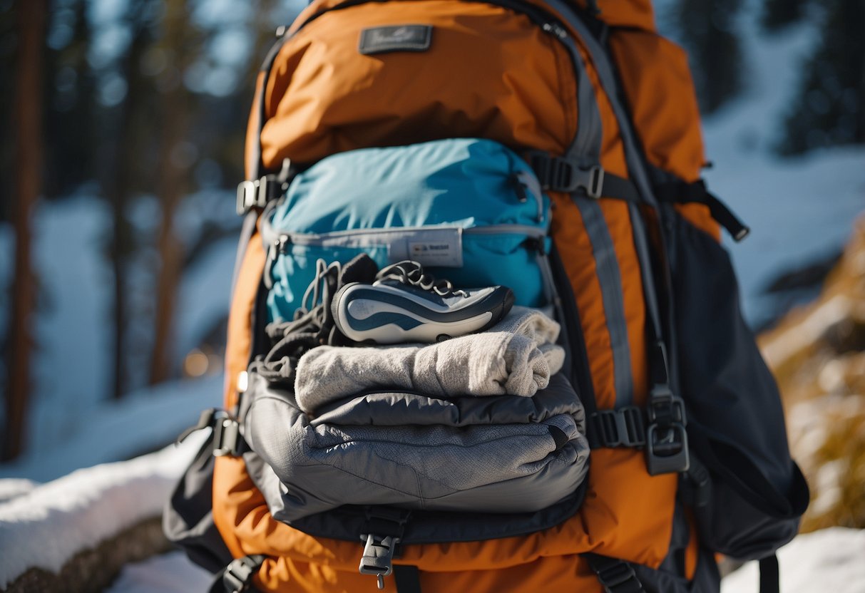 A backpack filled with neatly folded wool base layers, ski socks, and gloves. A map and trail guide peek out from the top pocket