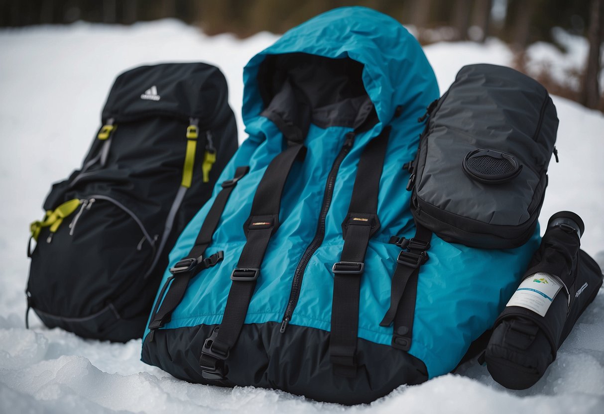 A waterproof ski jacket is neatly folded next to a compact backpack. Various items, such as gloves and socks, are strategically placed around the jacket, showcasing efficient packing for a cross country skiing trip