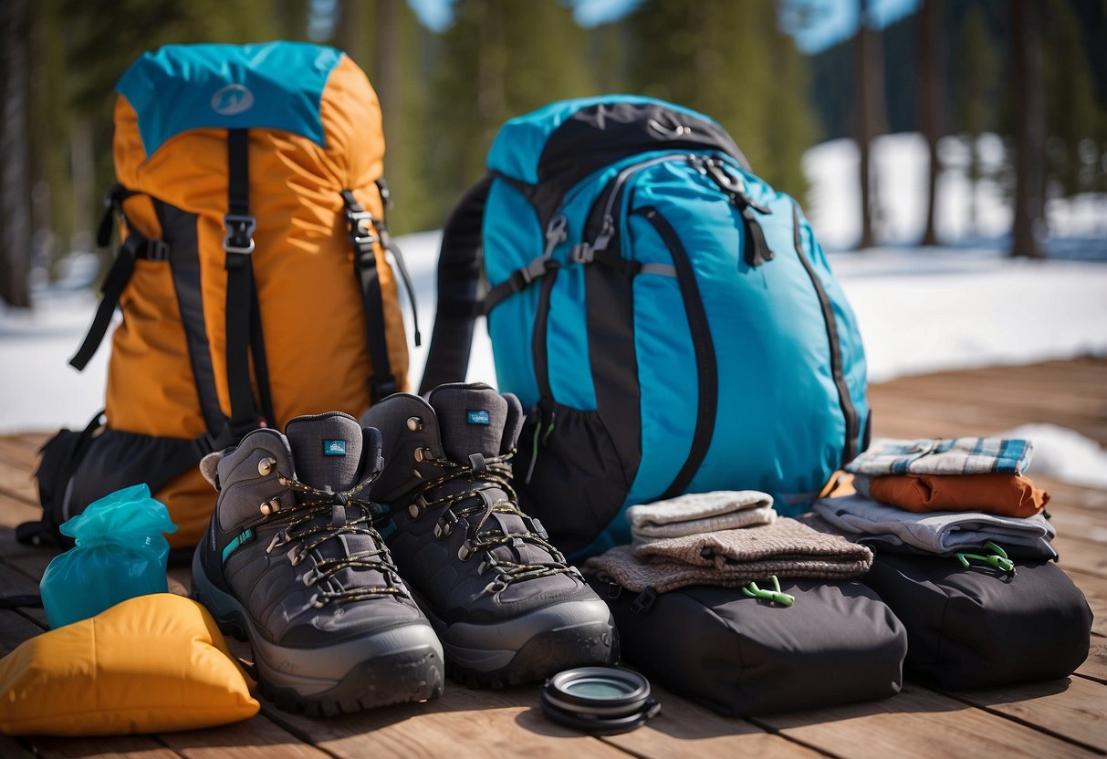 A pair of insulated gloves lies next to a neatly packed backpack with ski equipment, clothing, and snacks, ready for a cross-country skiing trip