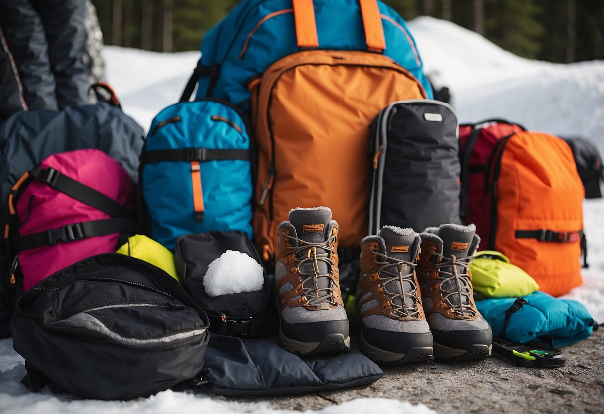 A pair of thermal socks laid out next to a neatly packed backpack, with ski equipment and clothing organized for a cross country skiing trip