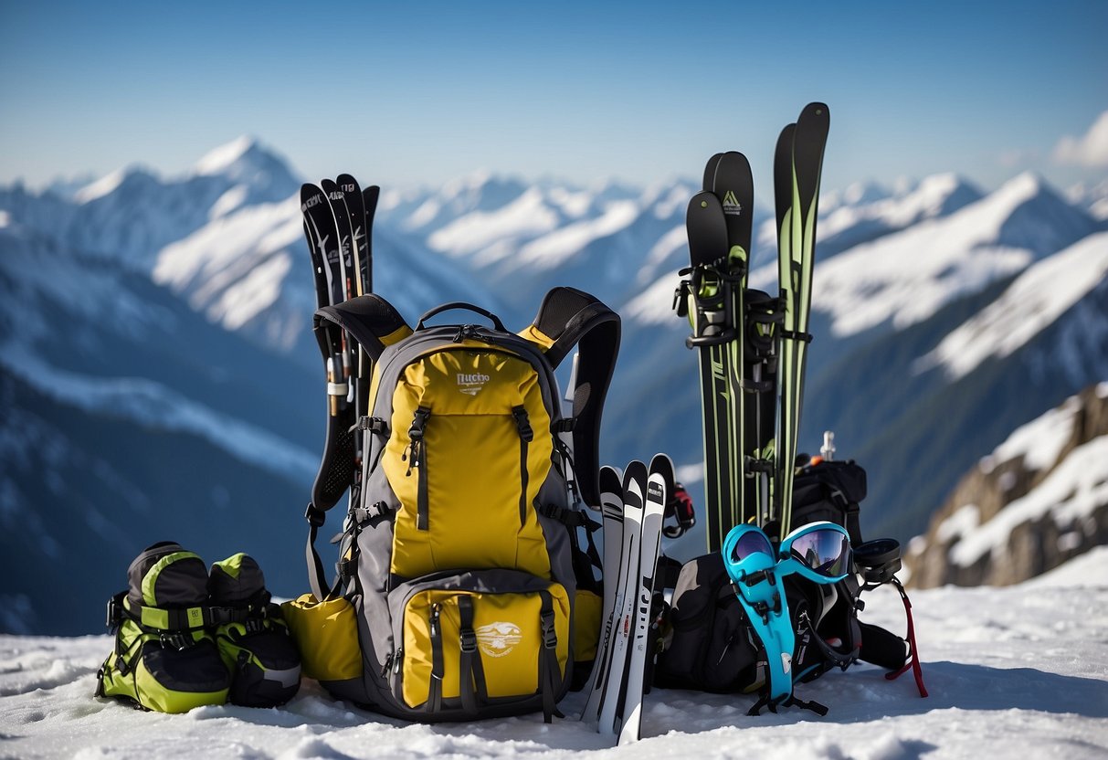 A backpack with neatly organized ski gear, including ski goggles, gloves, and a map, sits next to a pair of skis and poles against a snowy backdrop