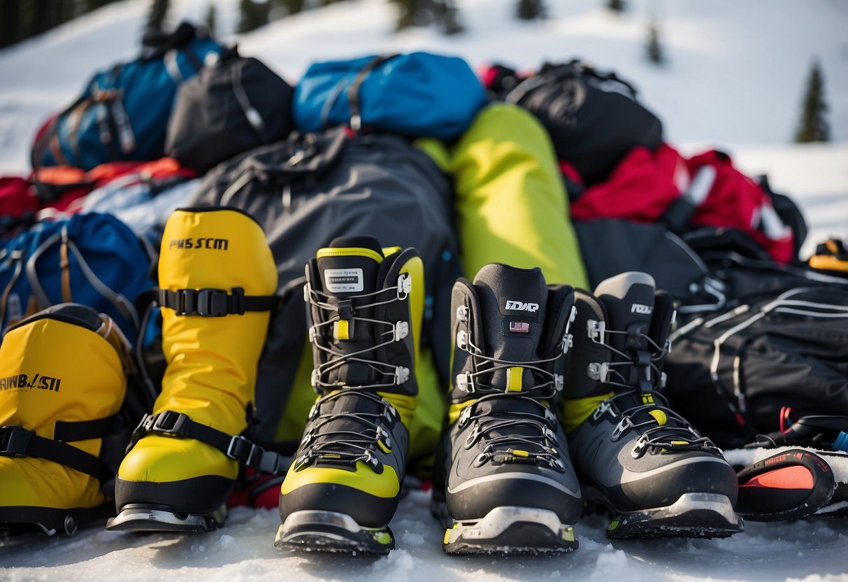 A pile of high-performance ski boots surrounded by neatly packed gear for a cross country skiing trip. Ski poles, thermos, and clothing are strategically arranged for efficient packing