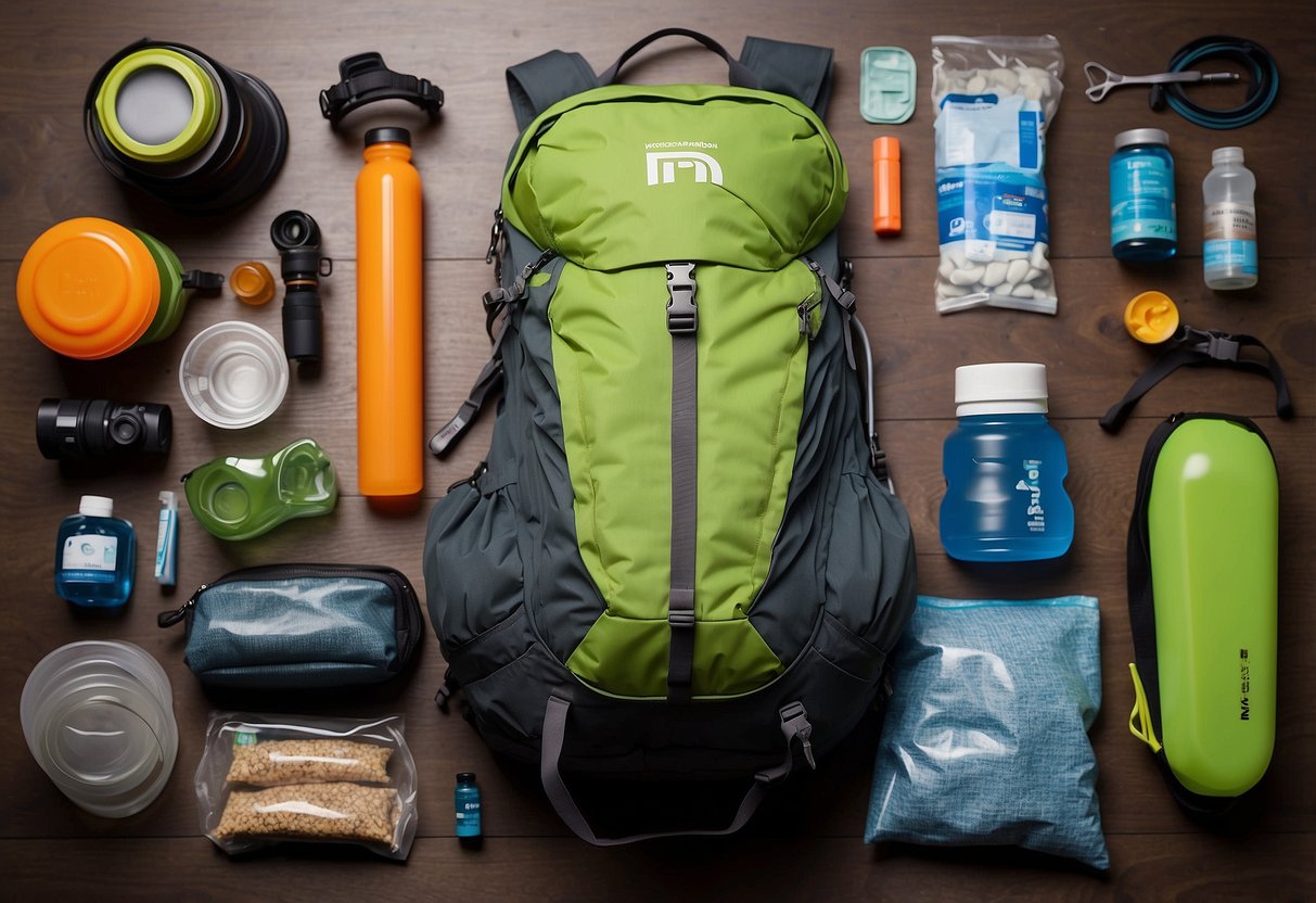 A hydration pack laid out on a table with ski gear scattered around. Items neatly packed inside the pack, including water bladder, snacks, and first aid kit