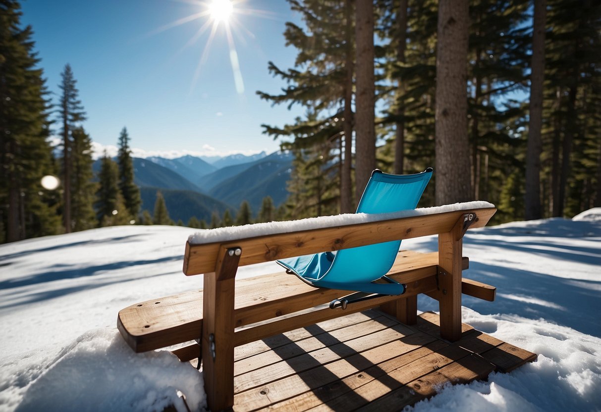 A snowy mountain landscape with vibrant, lightweight ski apparel laid out on a wooden bench, surrounded by tall pine trees and a clear blue sky