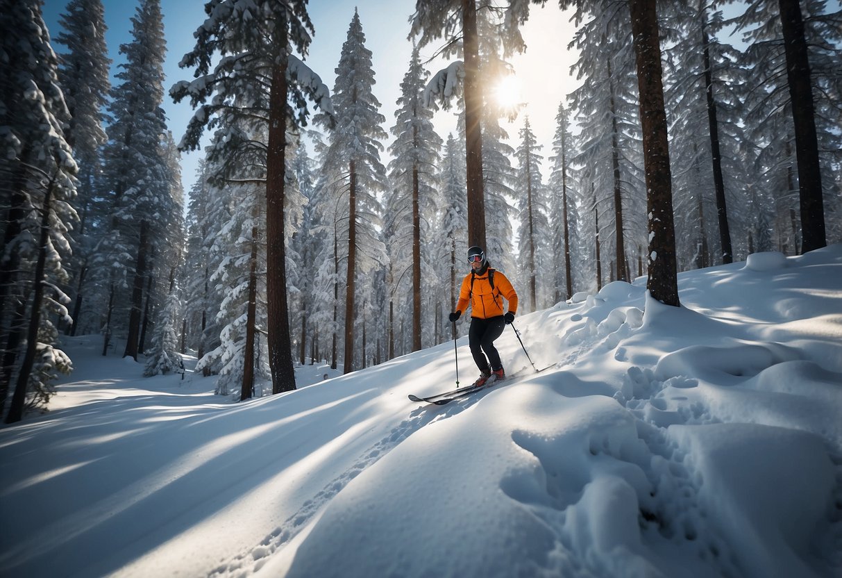 A skier glides through a snowy forest, wearing Salomon S/Lab Motion Fit Pants. The lightweight, sleek design allows for effortless movement on the cross country trails