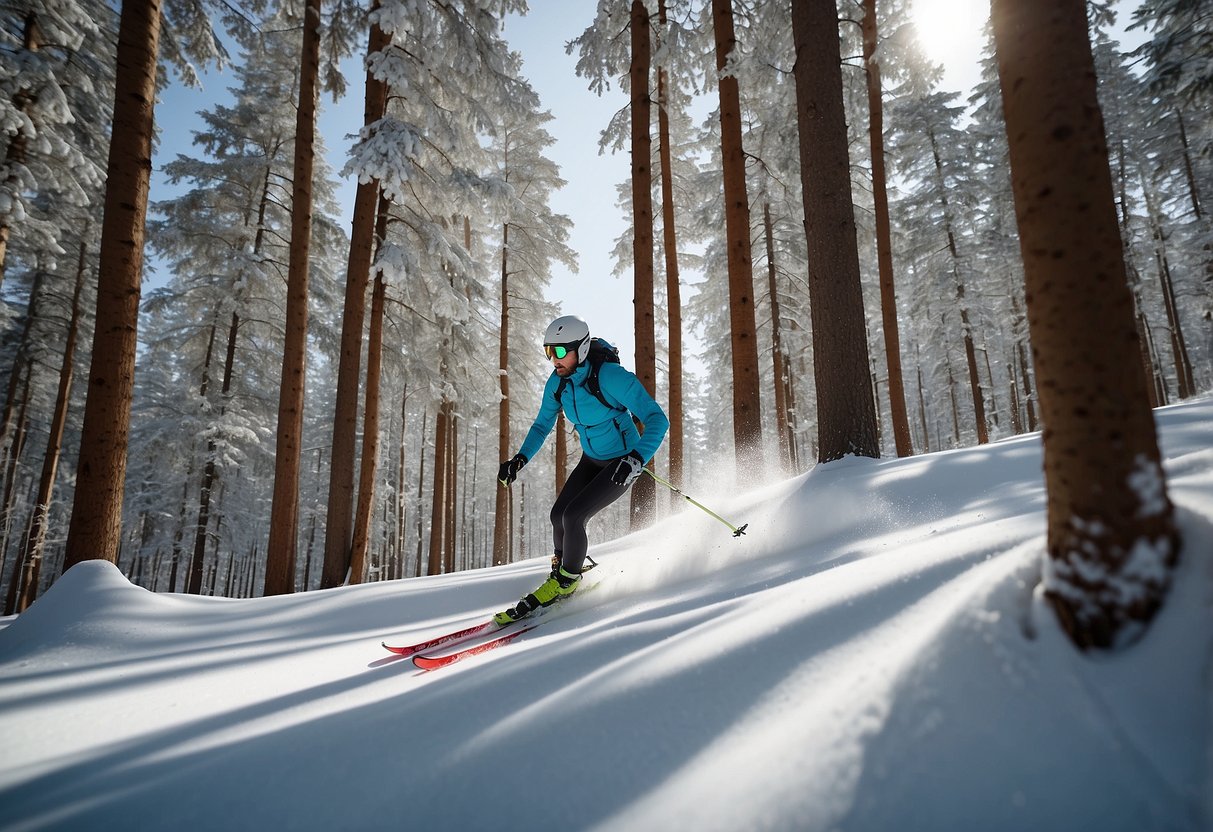 A skier glides through a snowy forest, wearing the Craft Active Extreme X CN Baselayer under their lightweight cross country skiing apparel. Snow-covered trees and a clear blue sky create a serene backdrop for the scene