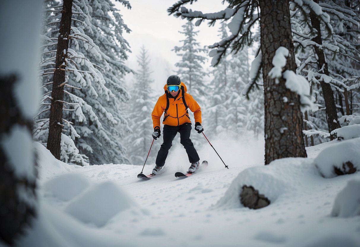 A skier glides effortlessly through a snowy forest, wearing the sleek and lightweight Swix Triac Pro Jacket. The vibrant colors of the jacket stand out against the white landscape, creating a dynamic and energetic scene