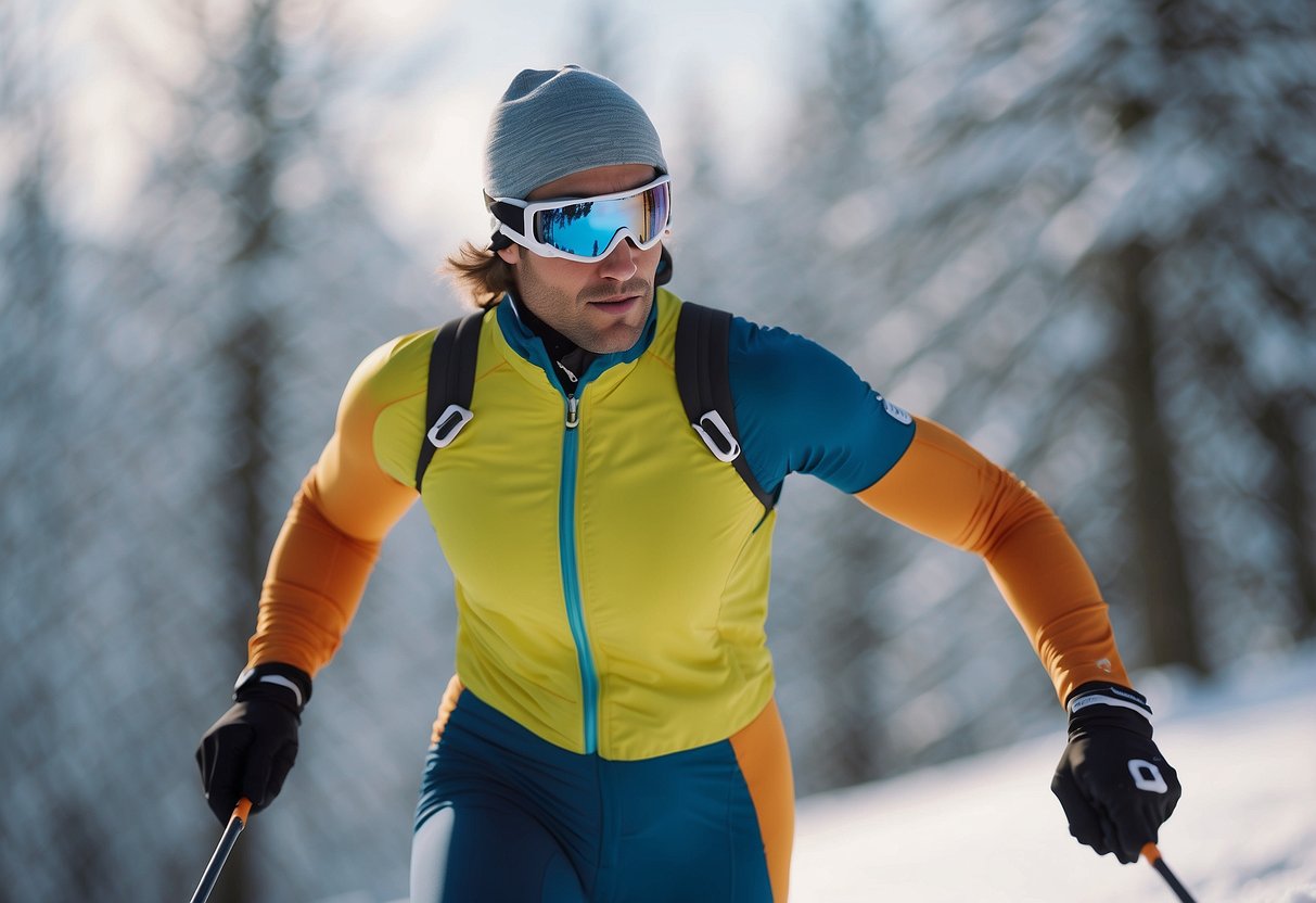 A sleek, aerodynamic cross-country skier glides effortlessly through a snowy landscape, clad in cutting-edge lightweight apparel designed for maximum performance and comfort