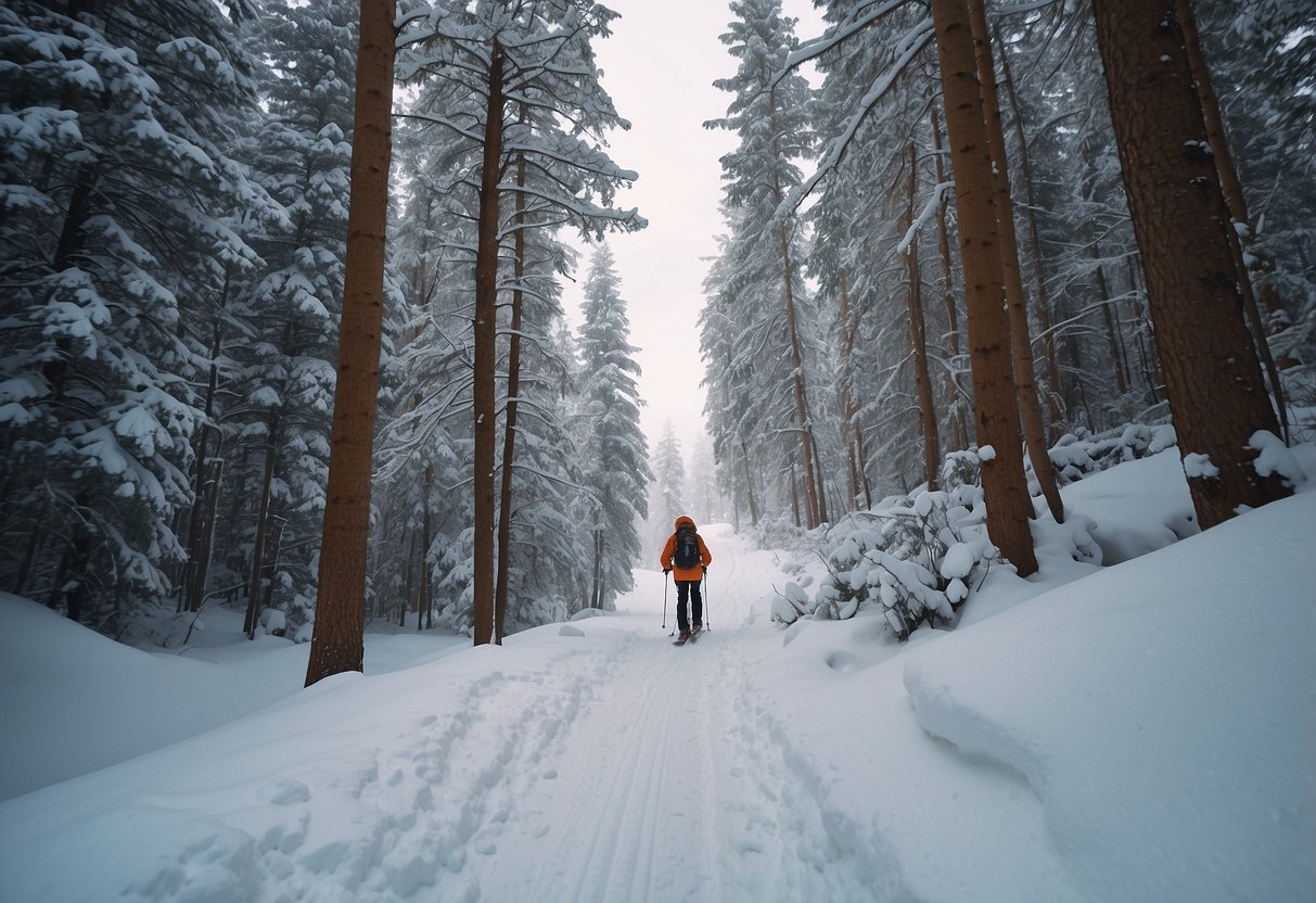 A snowy forest with a skier wearing layers of lightweight, insulated apparel. The skier is gliding effortlessly over the snow-covered trails, surrounded by a serene winter landscape