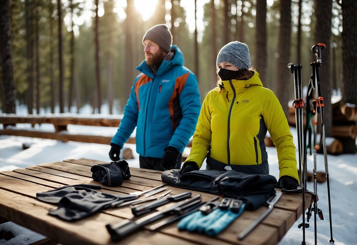 A snowy forest with a clear trail, showcasing a set of lightweight cross country skiing apparel laid out neatly on a wooden bench, with maintenance tools and instructions nearby