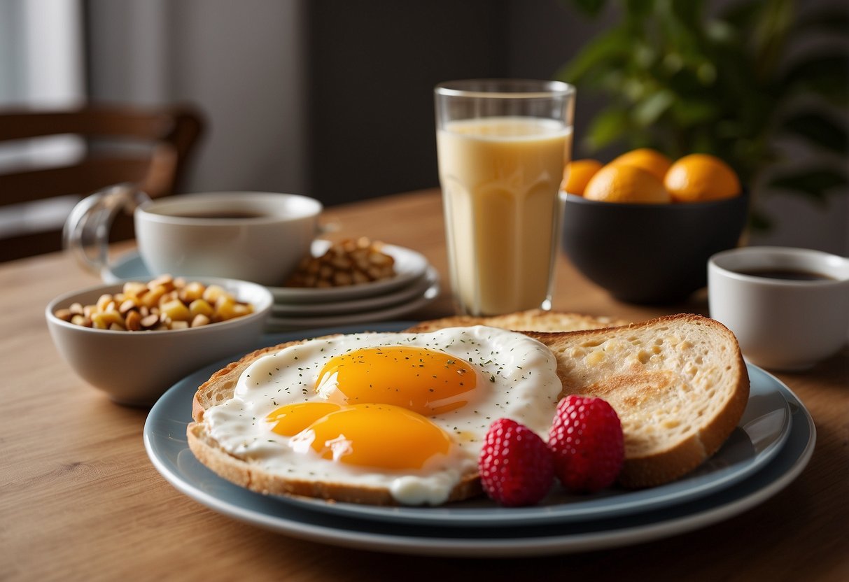 A table set with a variety of breakfast foods, including oatmeal, yogurt, fruit, eggs, and toast. A glass of orange juice and a cup of coffee sit beside the plate