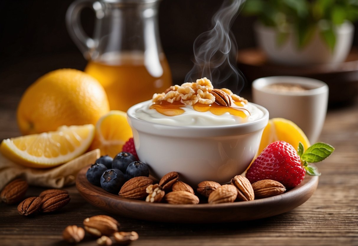 A bowl of Greek yogurt topped with drizzled honey and scattered nuts sits on a wooden table, surrounded by a selection of fresh fruits and a steaming cup of coffee