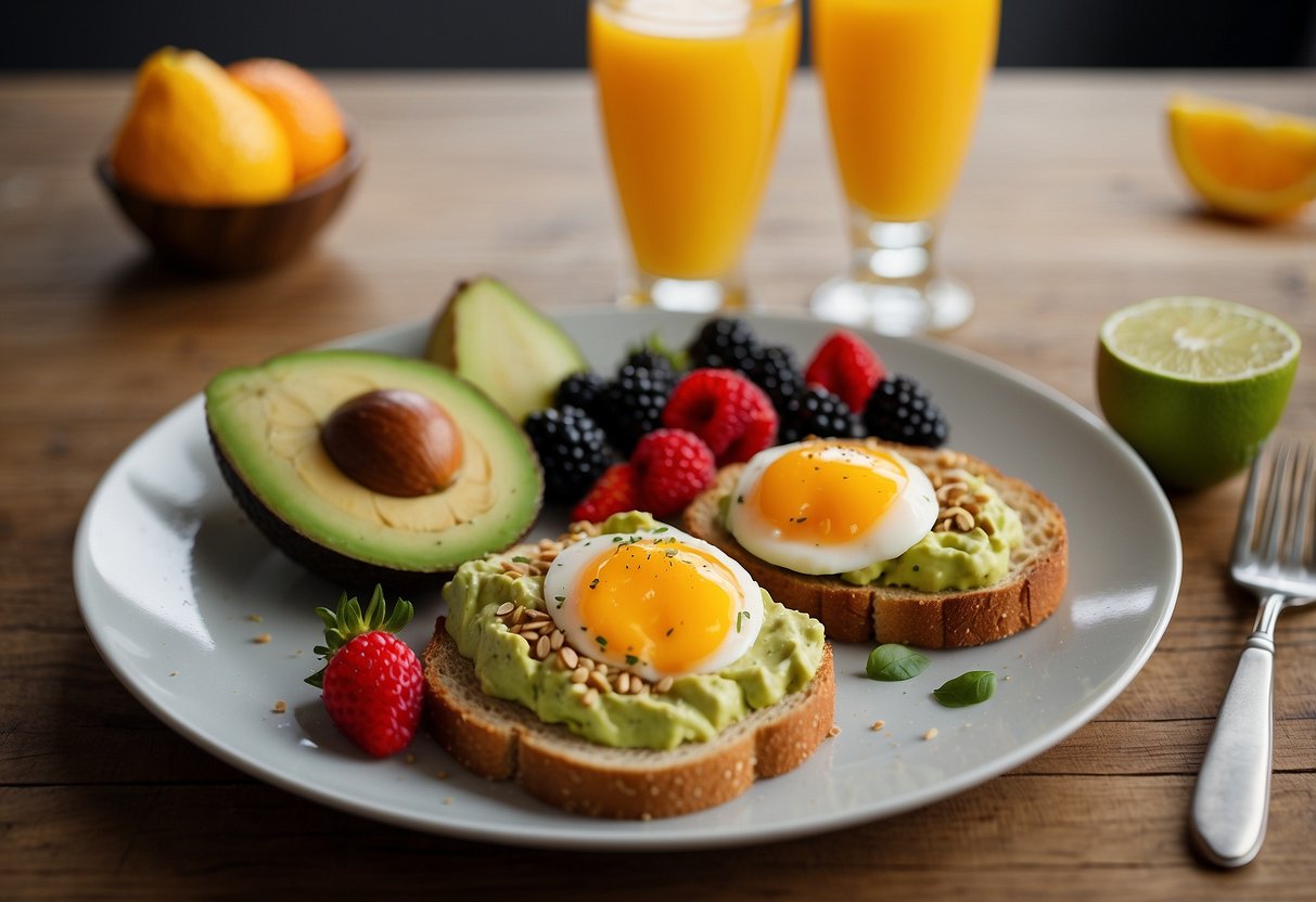 A plate with whole grain toast topped with mashed avocado, surrounded by fresh fruits and a glass of orange juice