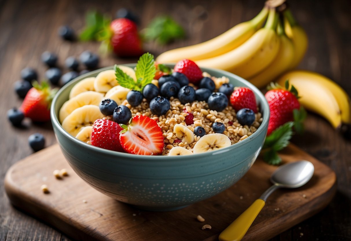 A colorful bowl filled with cooked quinoa topped with a variety of fresh fruits like strawberries, blueberries, and sliced bananas. Surrounding the bowl are scattered nuts and seeds, adding texture and crunch to the breakfast dish