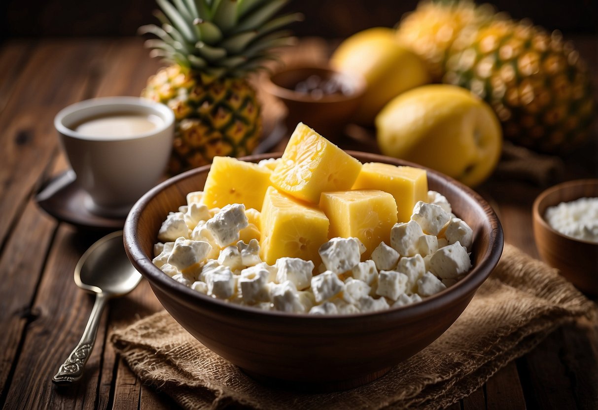 A bowl of cottage cheese topped with chunks of juicy pineapple sits on a rustic wooden table, surrounded by a spread of vibrant fruits and a steaming cup of coffee