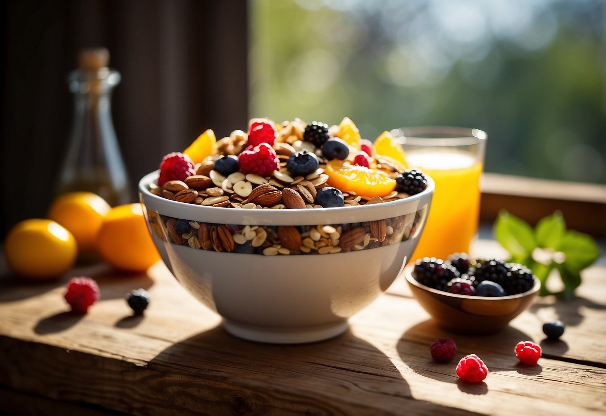 A bowl of muesli with assorted dried fruits, nuts, and seeds sits on a rustic wooden table, surrounded by a scattering of fresh berries and a glass of orange juice. Sunlight streams through a nearby window, casting a warm glow over the