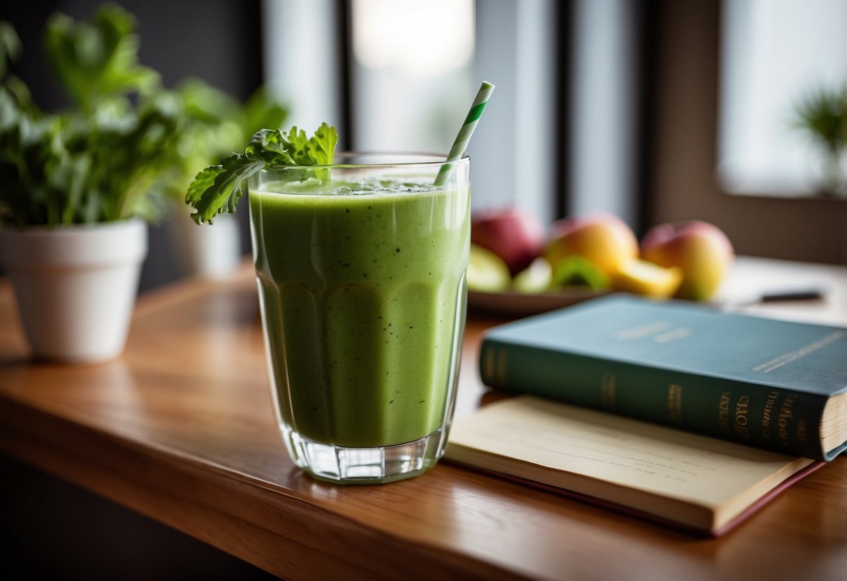 A glass filled with a vibrant green smoothie made with kale and apple sits on a table next to a stack of books titled "10 Pre-Trip Breakfast Ideas for Energy."