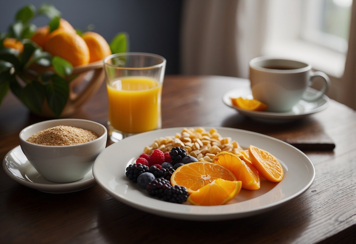 A table set with a variety of healthy breakfast foods, including fruits, whole grains, and protein sources. A glass of orange juice and a cup of coffee sit beside the plate