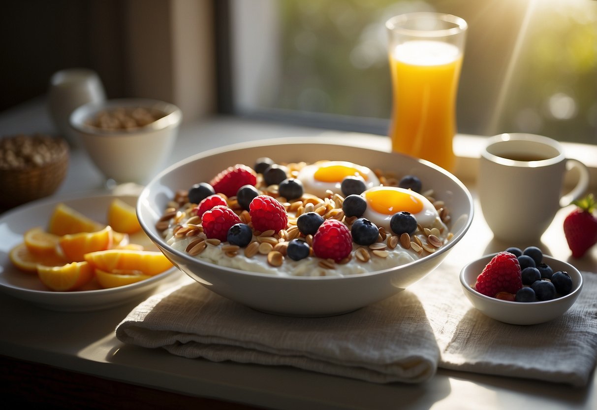 A table set with a variety of breakfast items, such as oatmeal, fruit, and yogurt. A clock on the wall reads 6:30 am. Sunlight streams in through a window