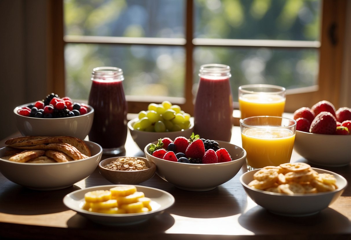 A table set with various breakfast options, including fruits, oatmeal, eggs, and smoothies. Sunlight streams in through a window, casting a warm glow over the spread